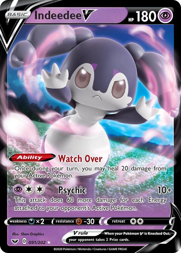Pokemon Sword & Shield Base Set Indeedee V 091/202 Ultra Rare Holo Card - stylecreep.com