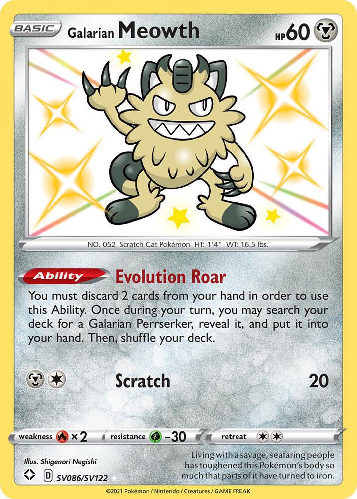 Pokemon Shining Fates Galarian Meowth SV086/SV122 Shiny Holo Rare Card