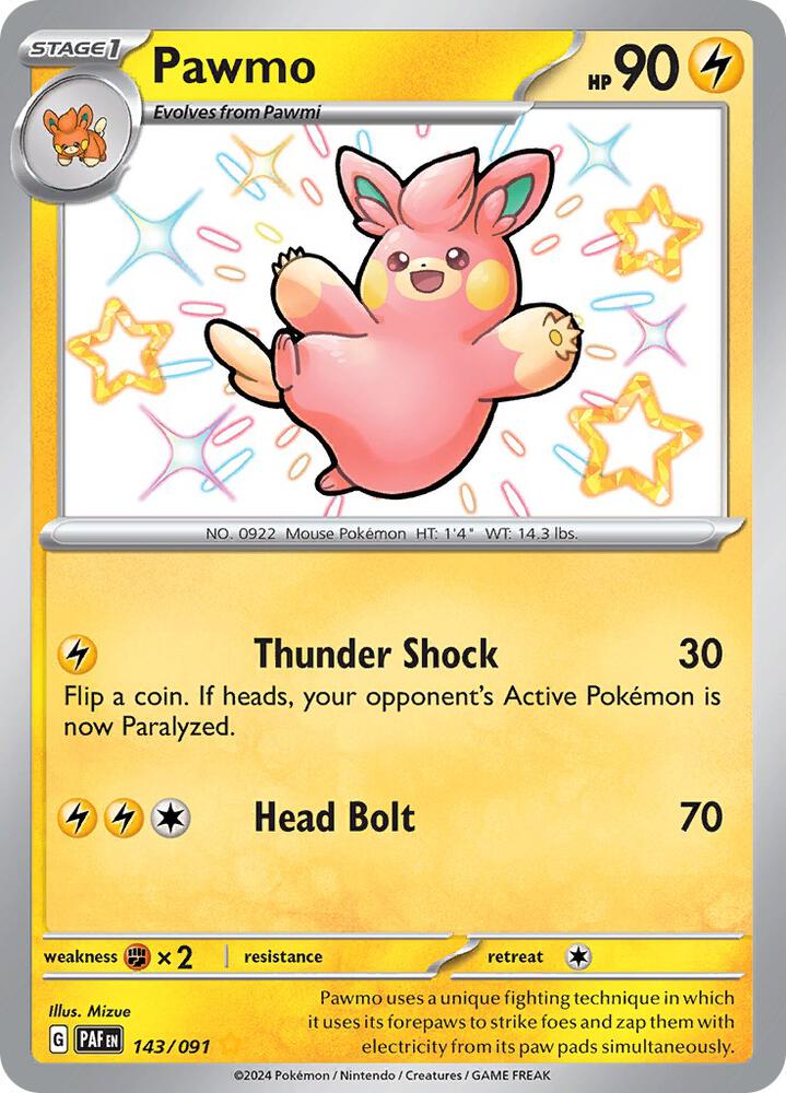 Pokemon Paldean Fates Pawmo 143/091 Shiny Rare Holofoil Card - stylecreep.com