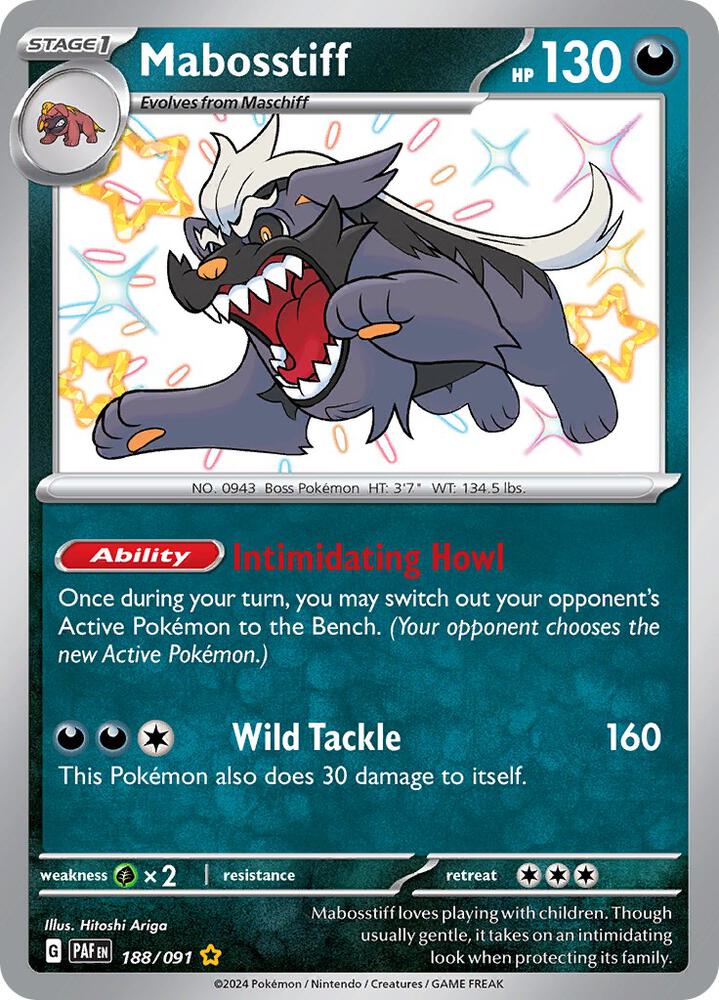 Pokemon Paldean Fates Mabosstiff 188/091 Shiny Rare Holo Card