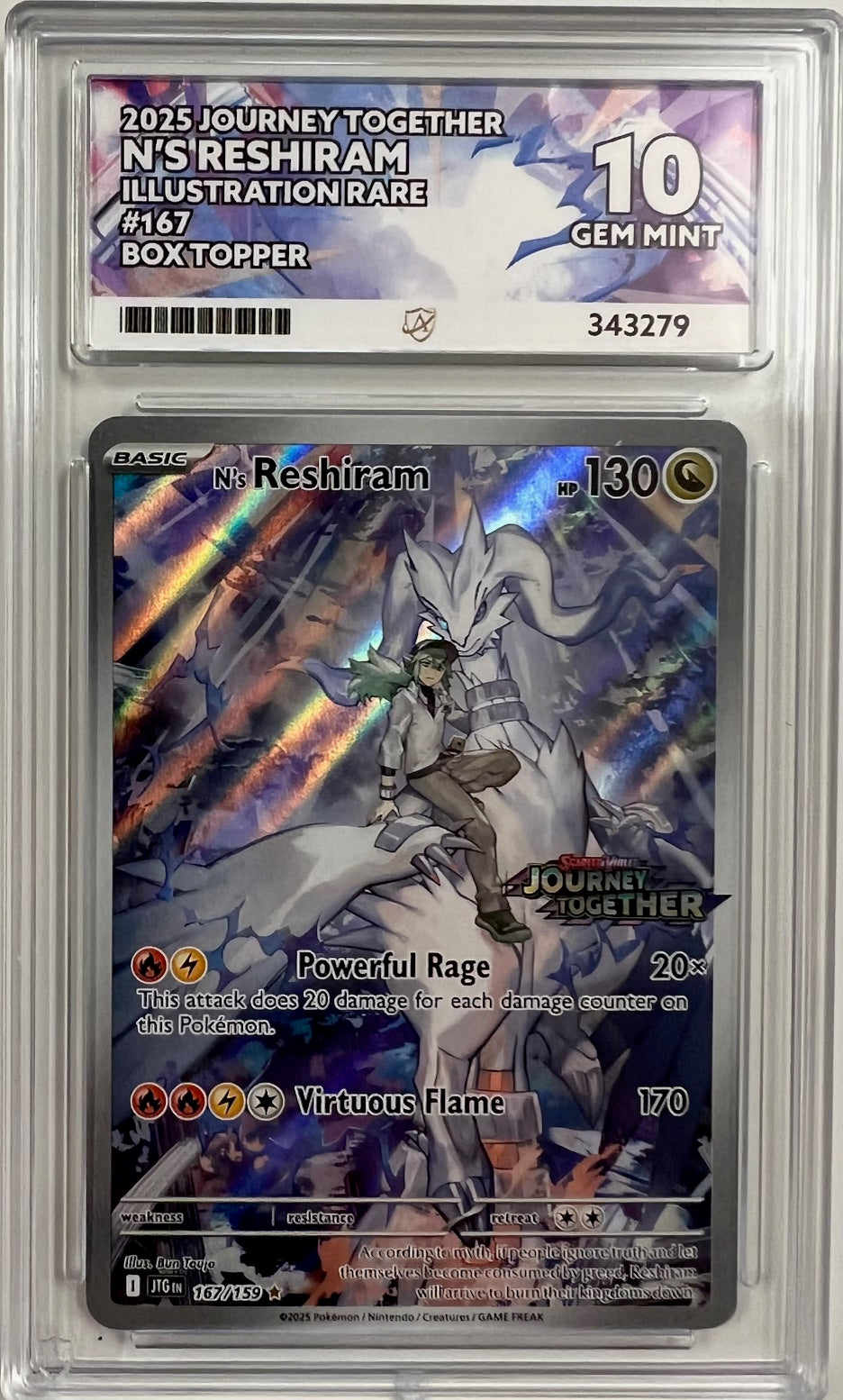 Pokemon TCG Ace Graded N's Reshiram - Journey Together - 167/159 - Illustration Rare - Box Topper - 10 GEM MINT (343279)