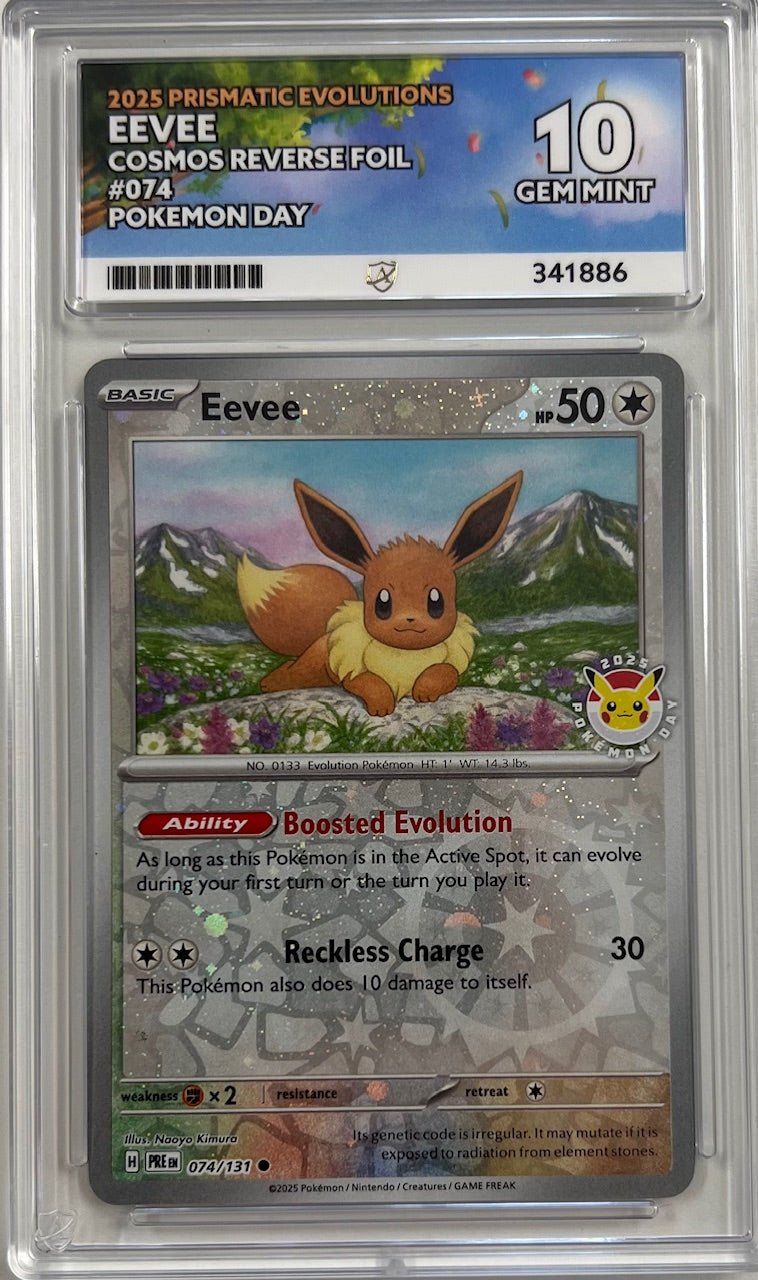 Pokemon TCG Ace Graded Eevee - Prismatic Evolutions - 074/131 - Cosmos Reverse Foil - Pokemon Day - 10 GEM MINT (341886)