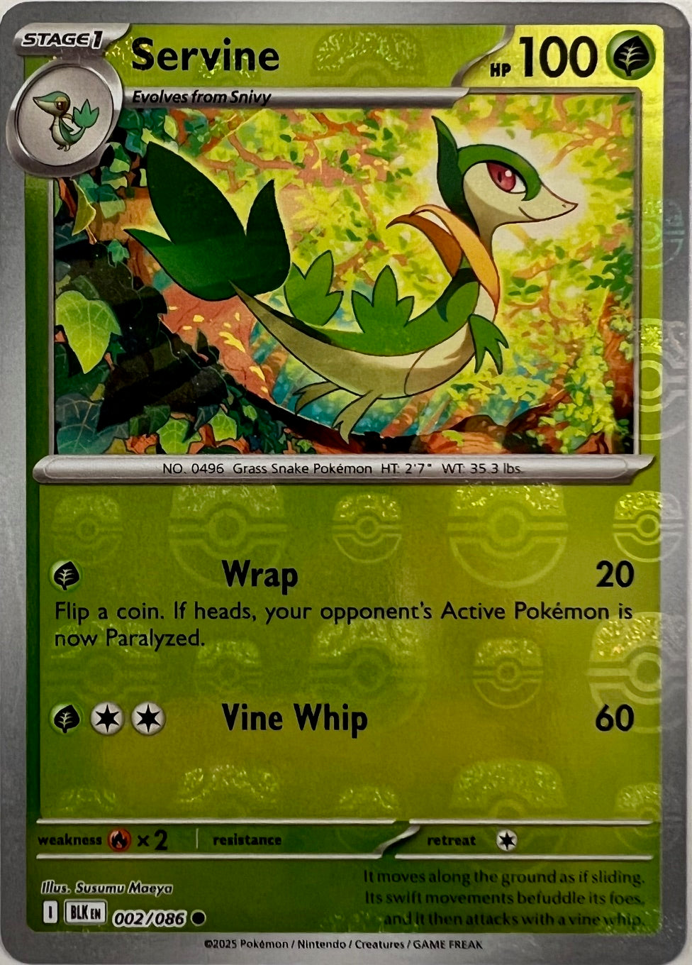 Pokemon Black Bolt Servine 002/086 Master Ball Reverse Holofoil Card