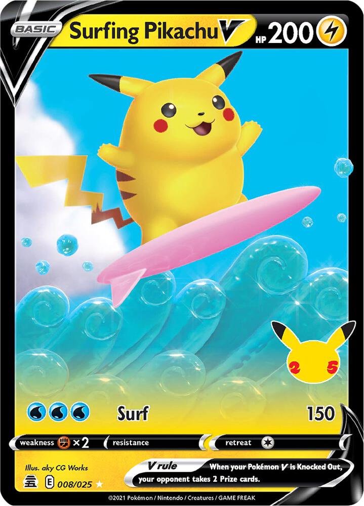 Pokemon Celebrations Surfing Pikachu V 008/025 Ultra Rare Holo Card - stylecreep.com
