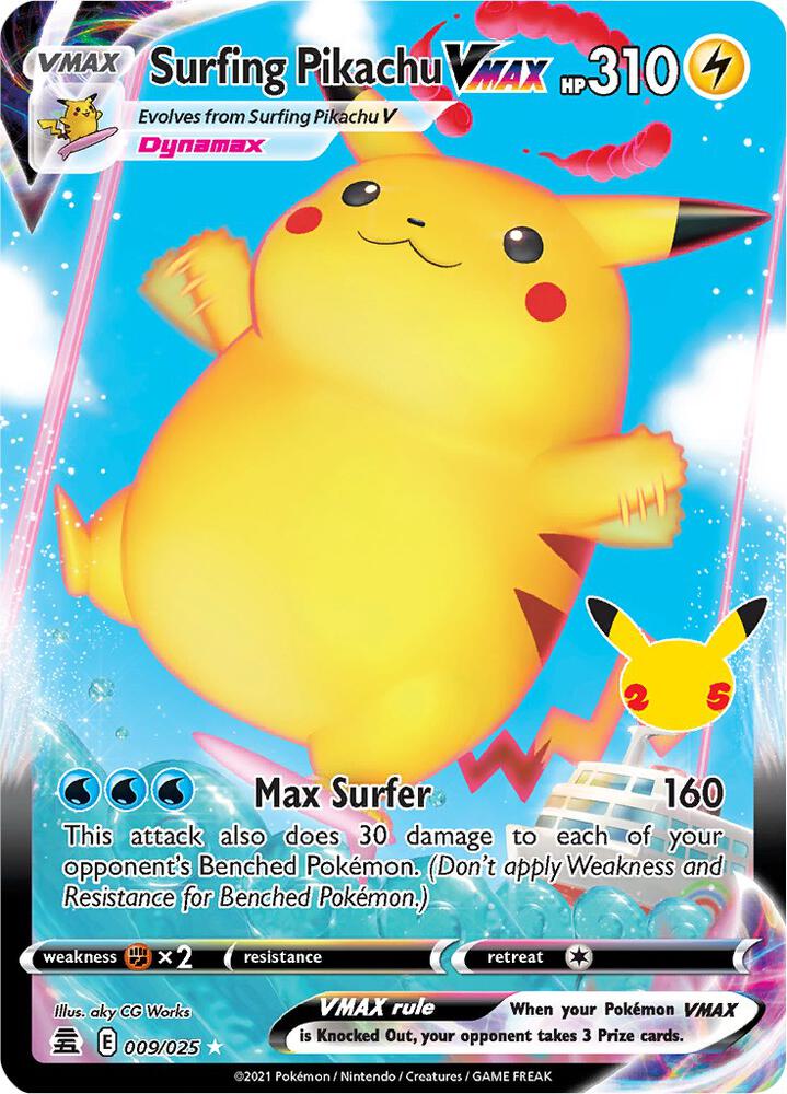 Pokemon Celebrations Surfing Pikachu VMAX 009/025 Ultra Rare Holo Card - stylecreep.com