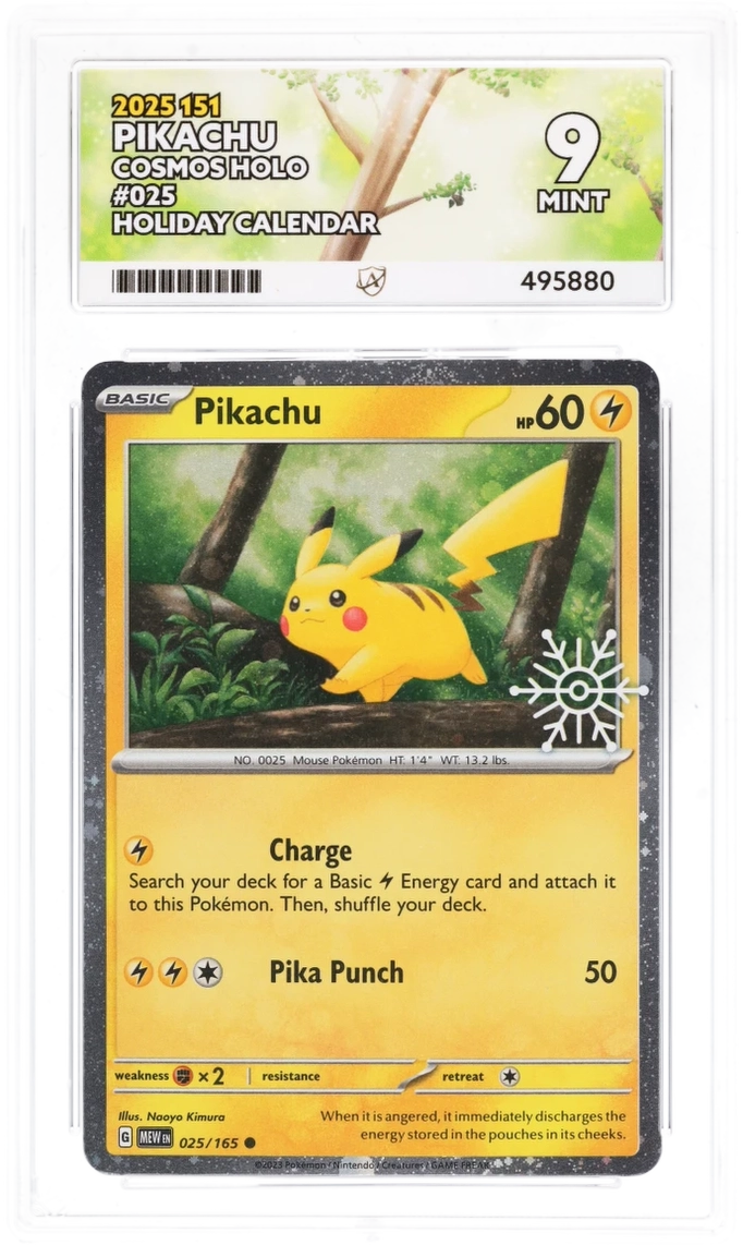 Pokemon Graded Card - Pikachu 025/165 - Holiday Calander 25 - Ace Mint 9 (495880)