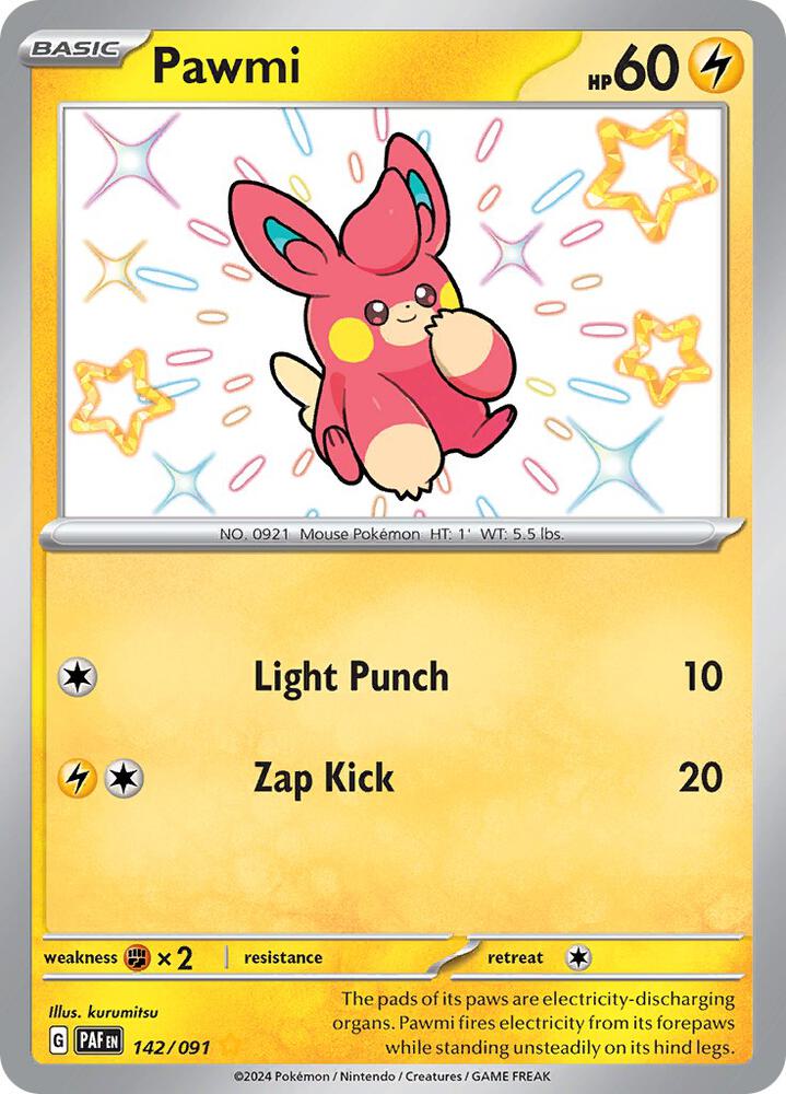 Pokemon Paldean Fates Pawmi 142/091 Shiny Rare Holofoil Card