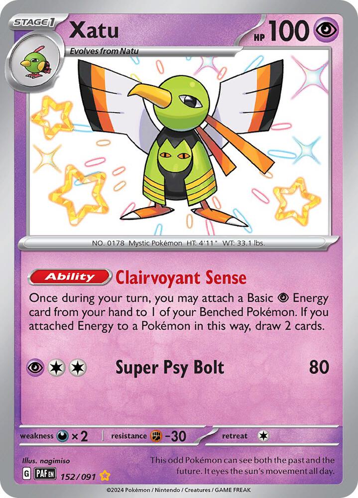 Pokemon Paldean Fates Xatu 152/091 Shiny Rare Holo Card - stylecreep.com