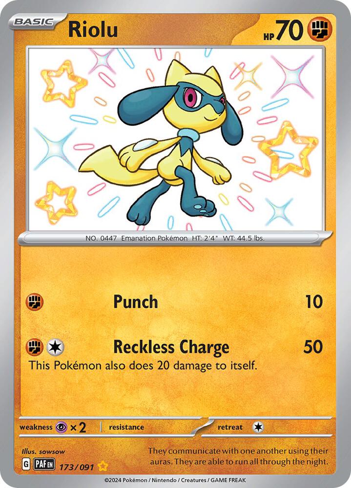 Pokemon Paldean Fates Riolu 173/091 Shiny Rare Holofoil Card