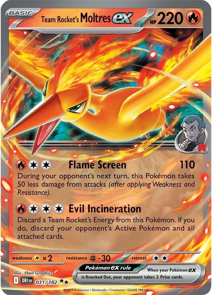 Pokemon Destined Rivals Team Rocket's Moltres ex 031/182 Double Rare Holo Card - stylecreep.com