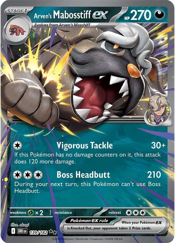 Pokemon Destined Rivals Arven's Mabosstiff ex 139/182 Double Rare Holo Card - stylecreep.com