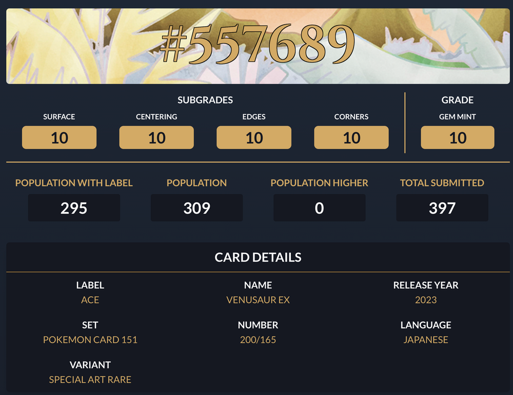 Pokemon Graded Card - Venusaur ex 200/165 - Japanese - Ace Gem Mint 10 (557689) - stylecreep.com