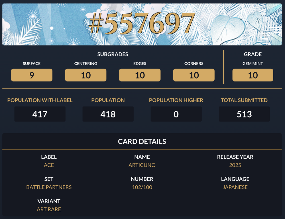 Pokemon Graded Card - Articuno 102/100 - Japanese - Ace Gem Mint 10 (557697) - stylecreep.com