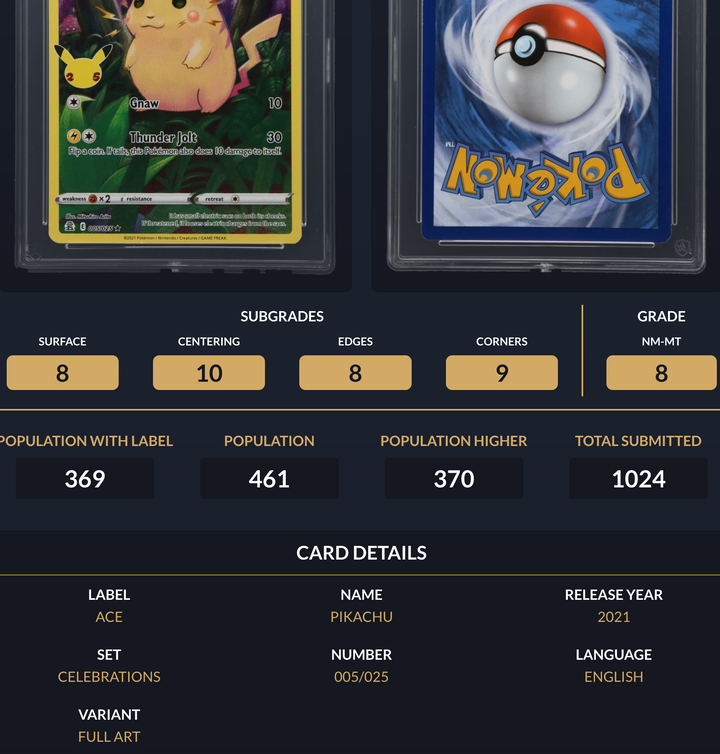 Pokemon Graded Card - Pikachu 005/025 - Ace NM-MT 8 (591670)