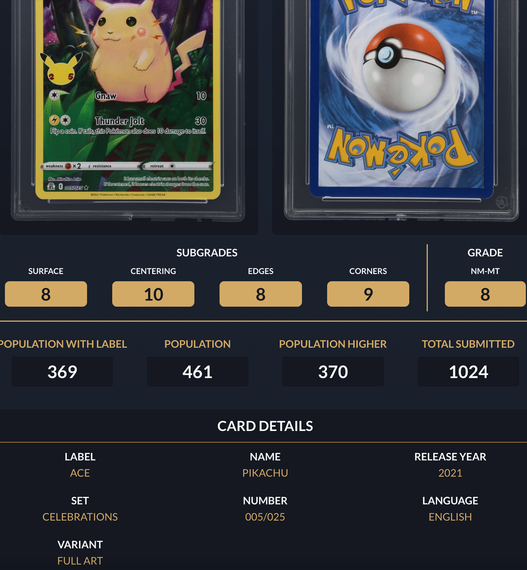 Pokemon Graded Card - Pikachu 005/025 - Ace NM-MT 8 (591671)