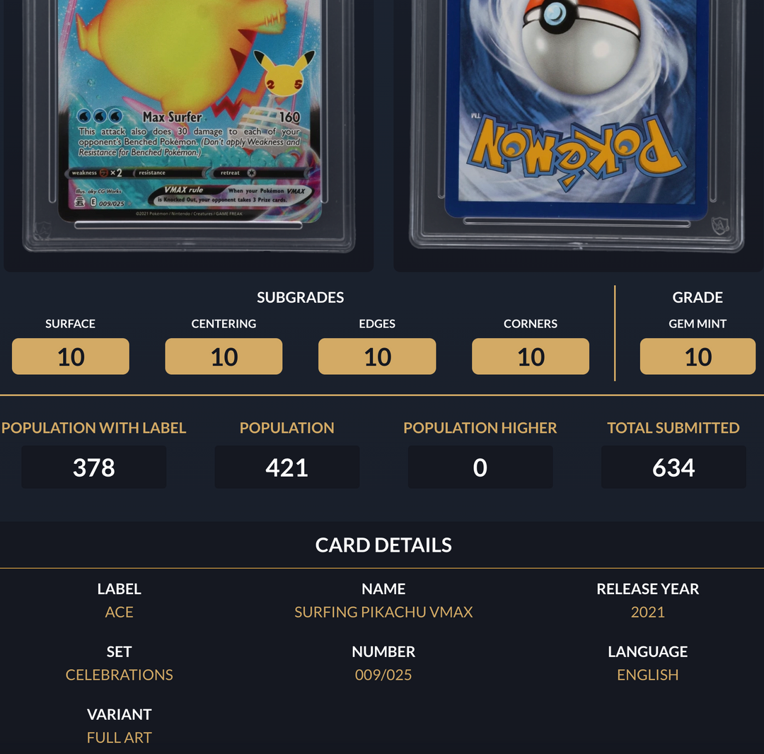 Pokemon Graded Card - Surfing Pikachu VMAX 009/035 - Ace Gem Mint 10 (591660)