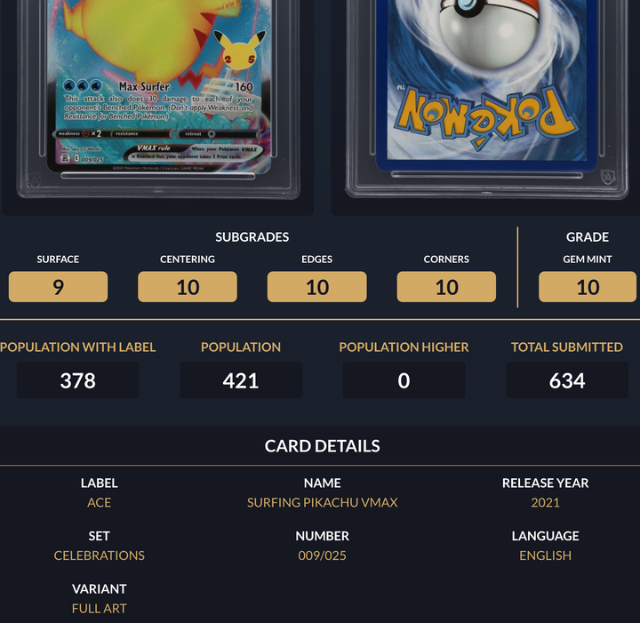 Pokemon Graded Card - Surfing Pikachu VMAX 009/035 - Ace Gem Mint 10 (591659)