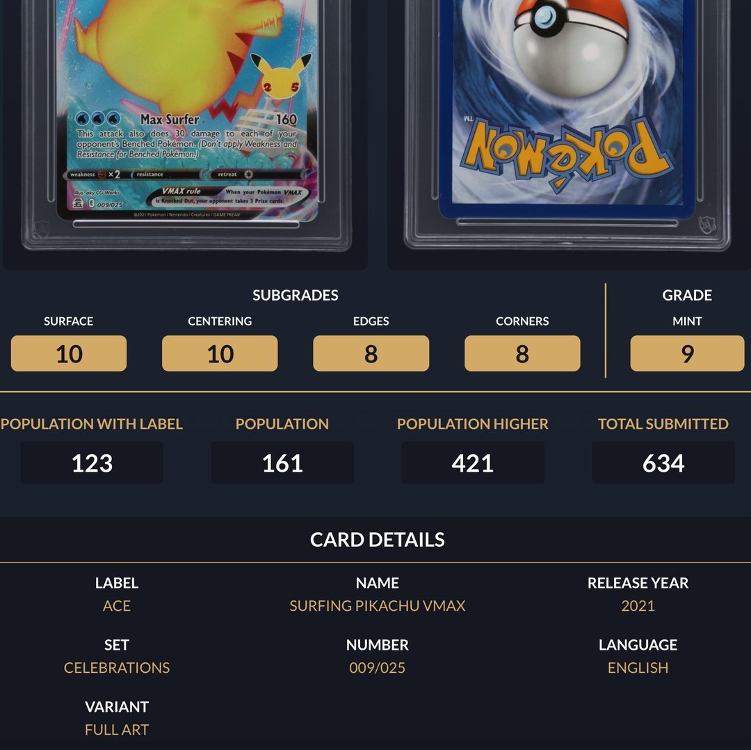 Pokemon Graded Card - Surfing Pikachu VMAX 009/035 - Ace Mint 9 (591658)