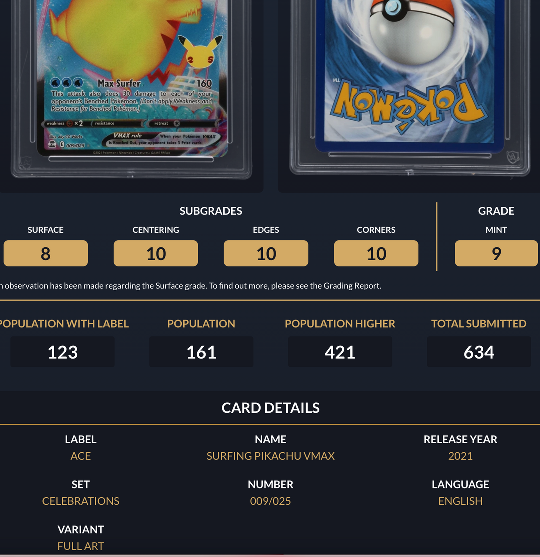 Pokemon Graded Card - Surfing Pikachu VMAX 009/035 - Ace Mint 9 (591661)