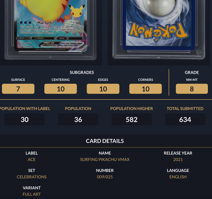 Pokemon Graded Card - Surfing Pikachu VMAX 009/035 - Ace NM-MT 8 (591662)