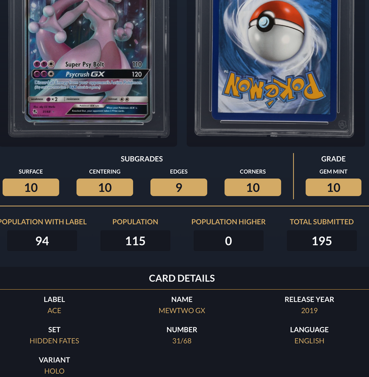 Pokemon Graded Card - Mewtwo GX 31/68 - Ace Gem Mint 10 (591675)