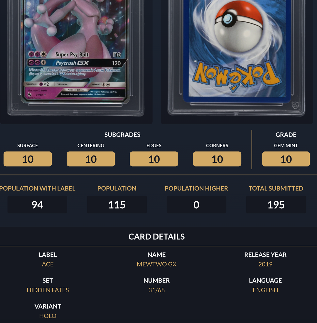 Pokemon Graded Card - Mewtwo GX 31/68 - Ace Gem Mint 10 (591677)