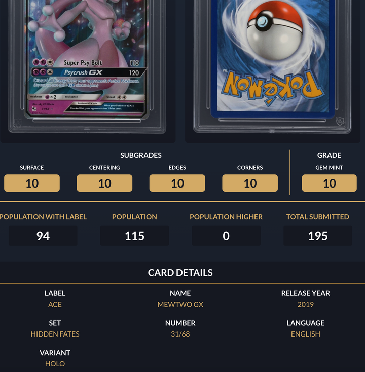 Pokemon Graded Card - Mewtwo GX 31/68 - Ace Gem Mint 10 (591677)