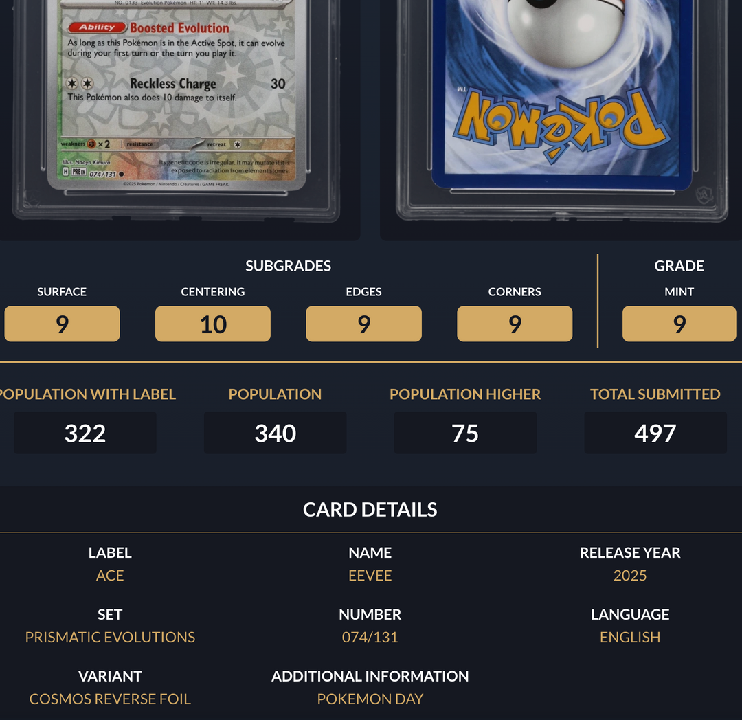 Pokemon Graded Card - Eevee 074/131 Promo - Ace Mint 9 (591679)