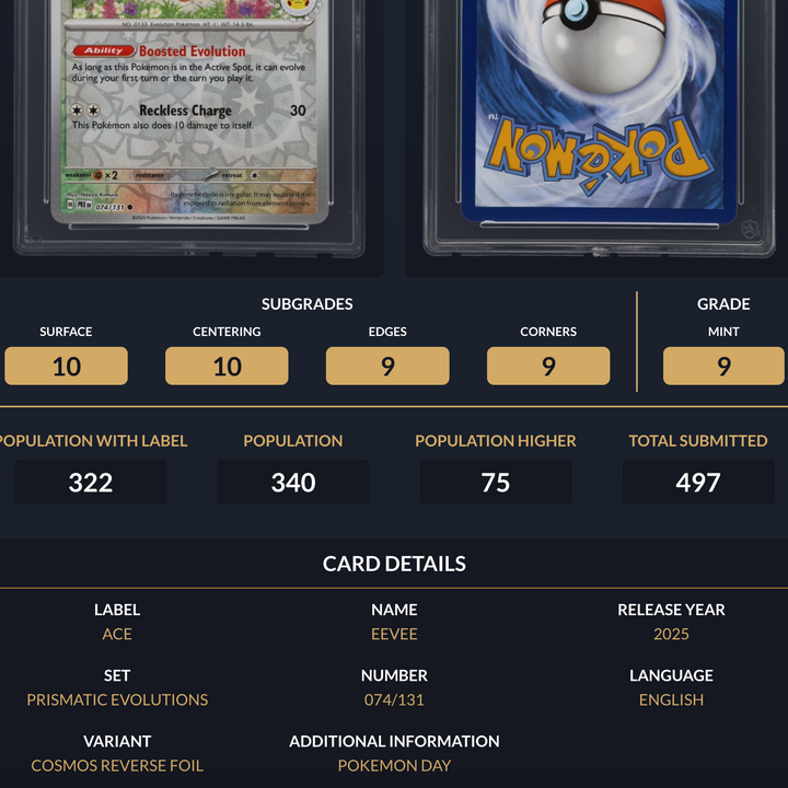 Pokemon Graded Card - Eevee 074/131 Promo - Ace Mint 9 (591678)
