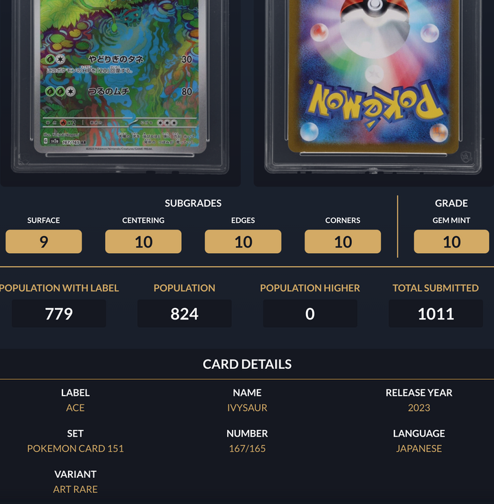 Pokemon Graded Card - Ivysaur 167/165 - Japanese - Ace Gem Mint 10 (591703)