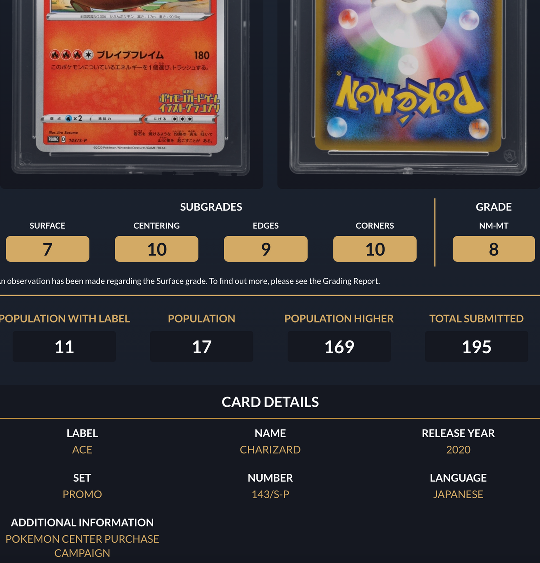 Pokemon Graded Card - Charizard 143/S-P Promo - Japanese - Ace NM-MT 8 (591691)