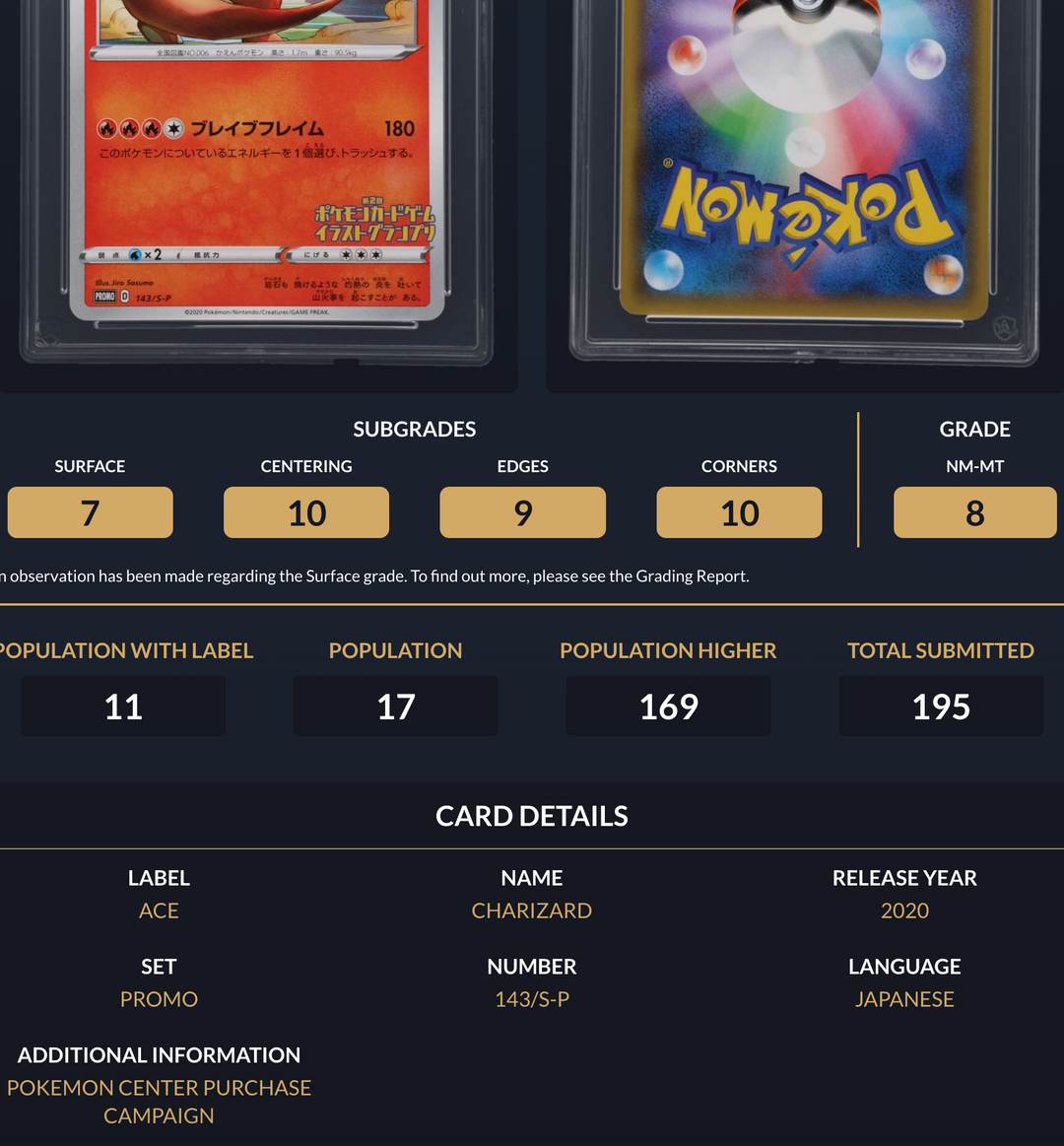 Pokemon Graded Card - Charizard 143/S-P Promo - Japanese - Ace NM-MT 8 (591697)