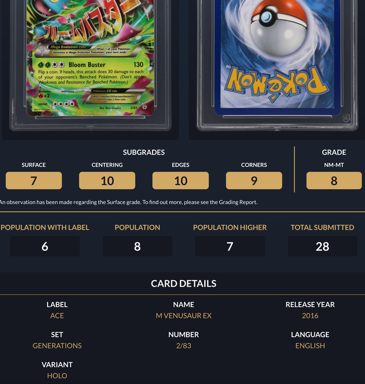 Pokemon Graded Card - M venusaur EX 2/83 - Ace NM-MT 8 (606371)