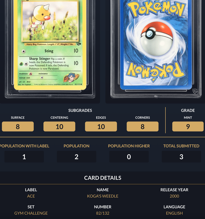 Pokemon Graded Card - Koga's Weedle 82/132 - Ace Mint 9 (228723)