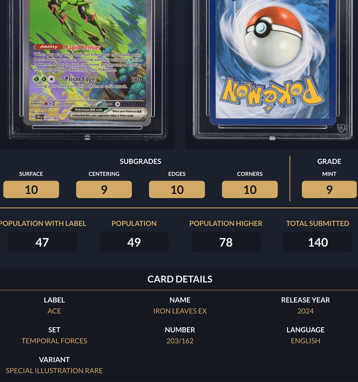 Pokemon Graded Card - Iron Leaves ex 203/162 - Ace Mint 9 (494114)