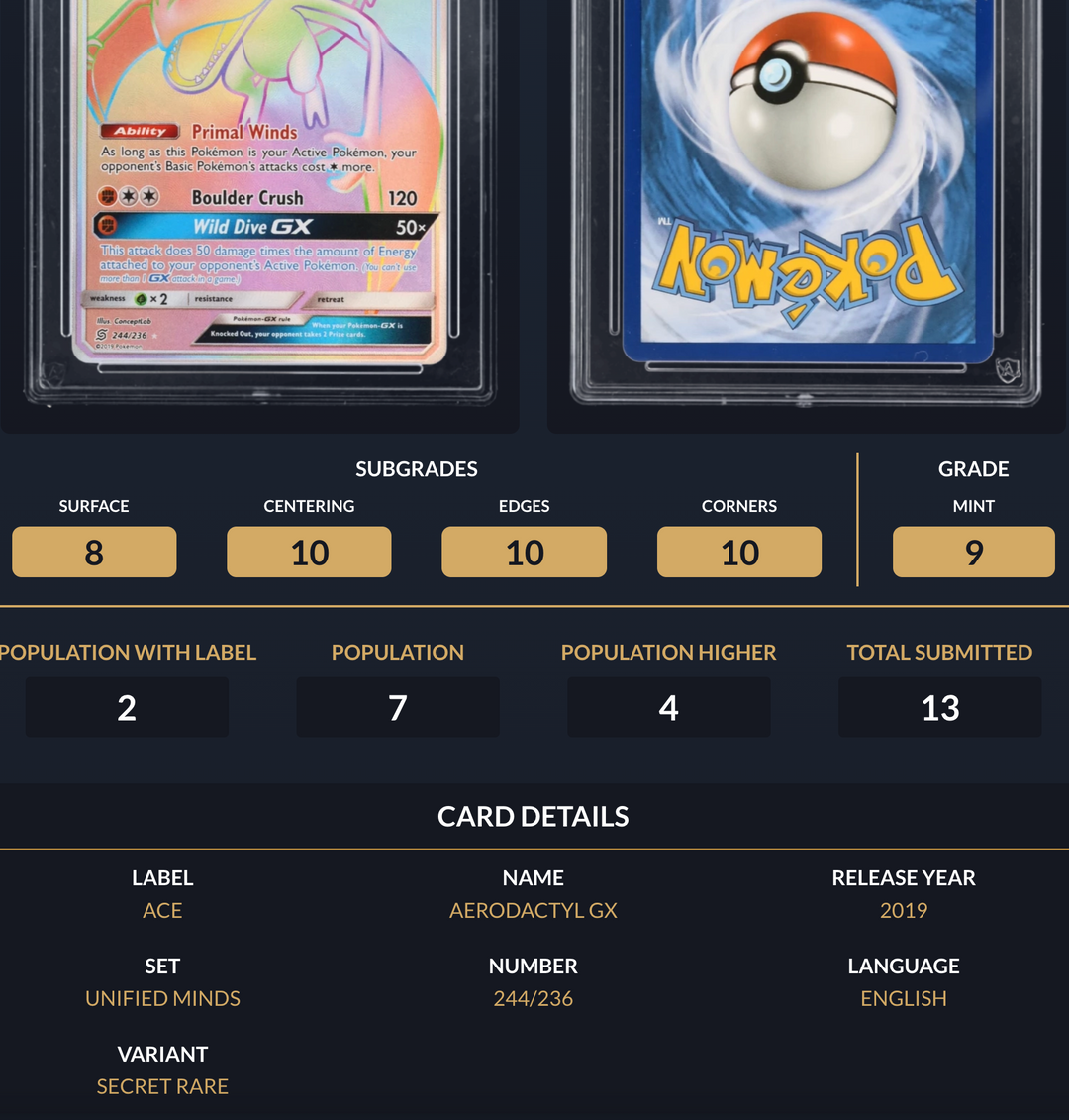 Pokemon Graded Card - Aerodactyl GX 244/236 - Ace Mint 9 (519777)