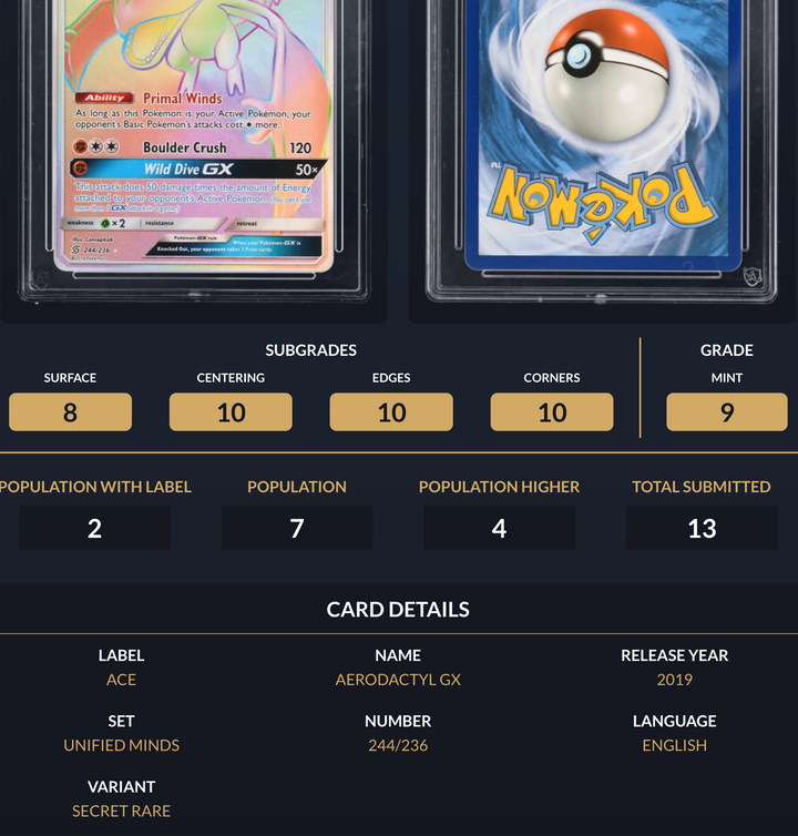Pokemon Graded Card - Aerodactyl GX 244/236 - Ace Mint 9 (519777)