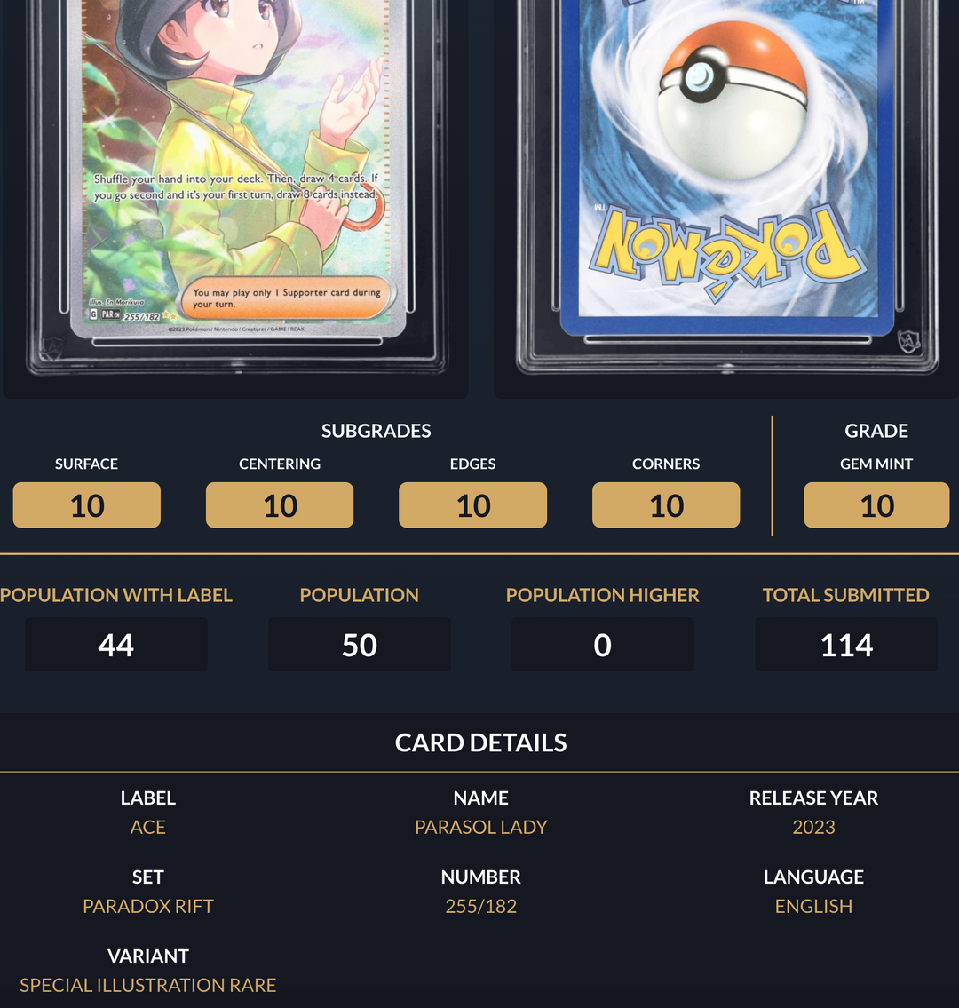 Pokemon Graded Card - Parasol Lady 255/182 - Ace Gem Mint 10 (288839)