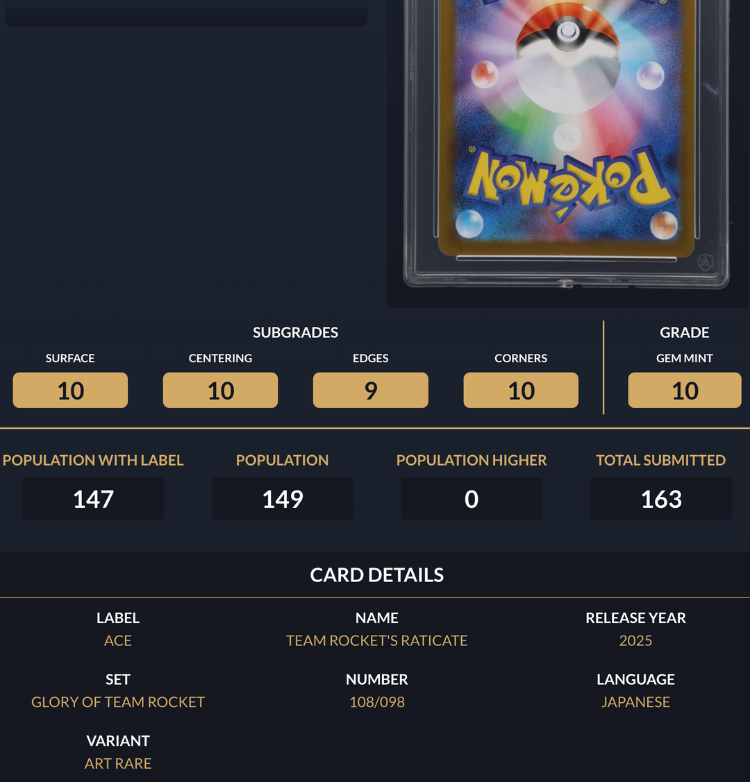 Pokemon Graded Card - Team Rocket's Raticate 108/098 - Japanese - Ace Gem Mint 10 (591706)