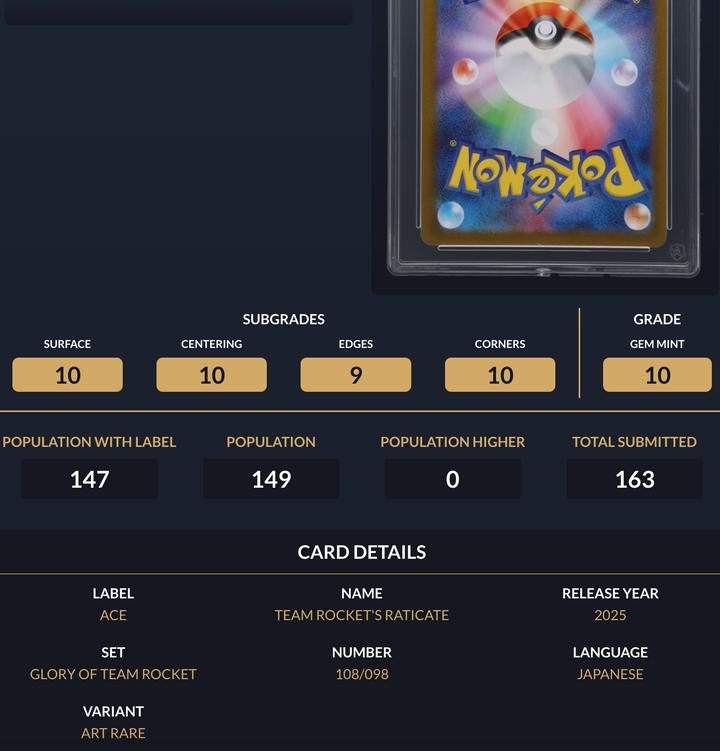 Pokemon Graded Card - Team Rocket's Raticate 108/098 - Japanese - Ace Gem Mint 10 (591706)