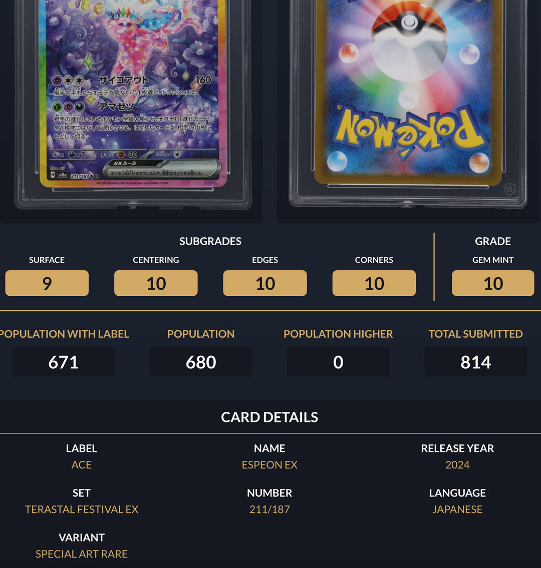 Pokemon Graded Card - Espeon ex 211/187 - Japanese - Ace Gem Mint 10 (625709)