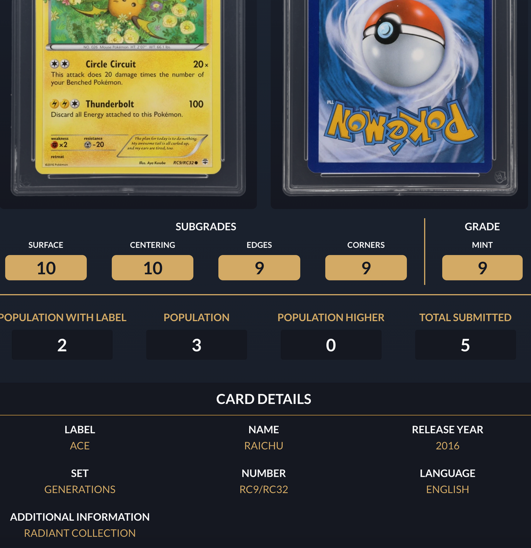Pokemon Graded Card - Raichu RC9/RC32 (NON HOLO LABEL ERROR) - Ace Mint 9 (606372)
