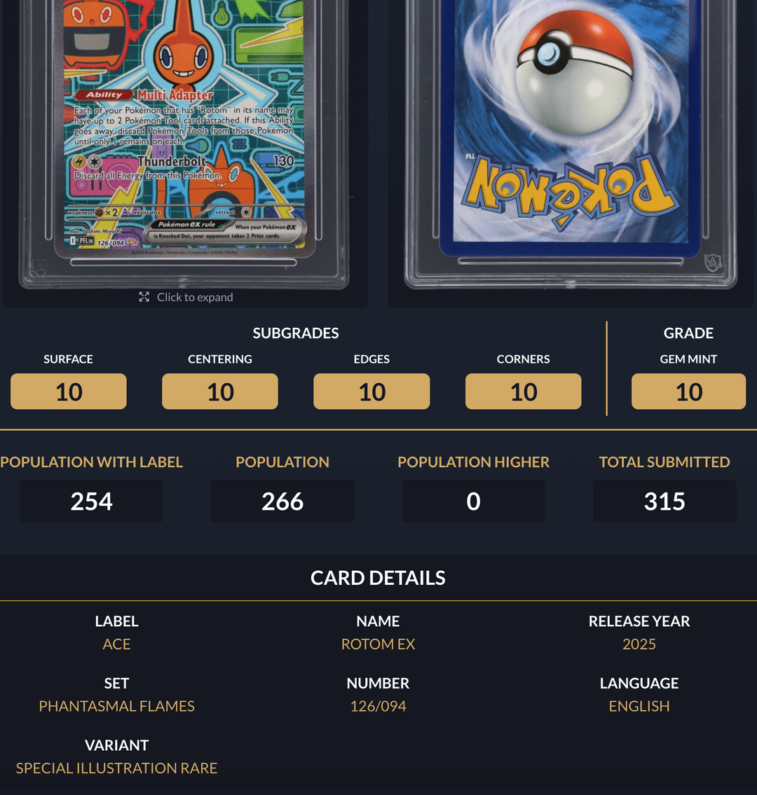 Pokemon Graded Card - Rotom ex 126/094 - Ace Gem Mint 10 (698564)