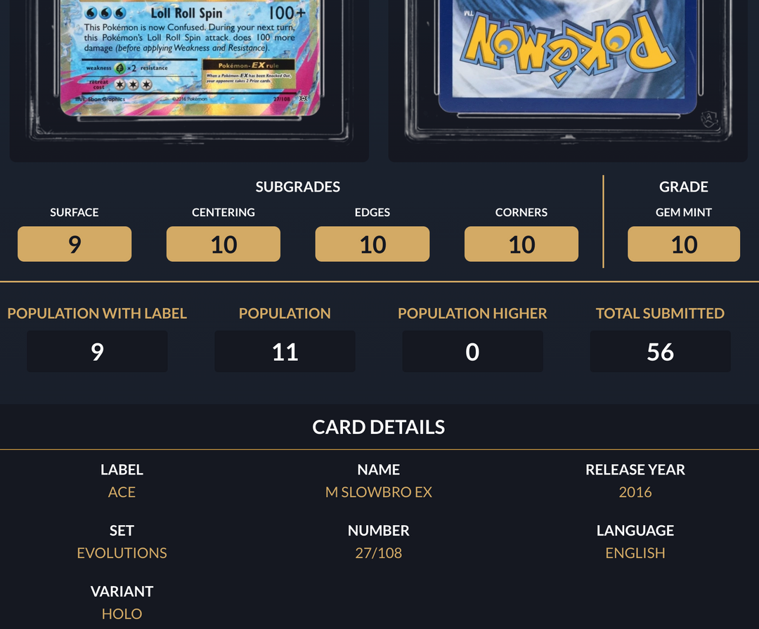 Pokemon Graded Card - M Slowbro EX 27/108 - Ace Gem Mint 10 (508289)