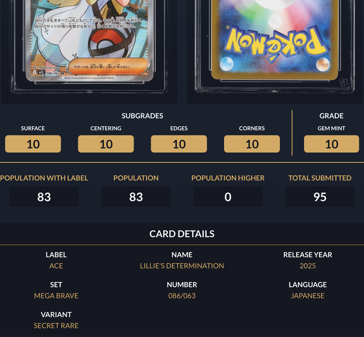 Pokemon Graded Card - Lillie's Determination 086/063 - Japanese - Ace Gem Mint 10 (508304)