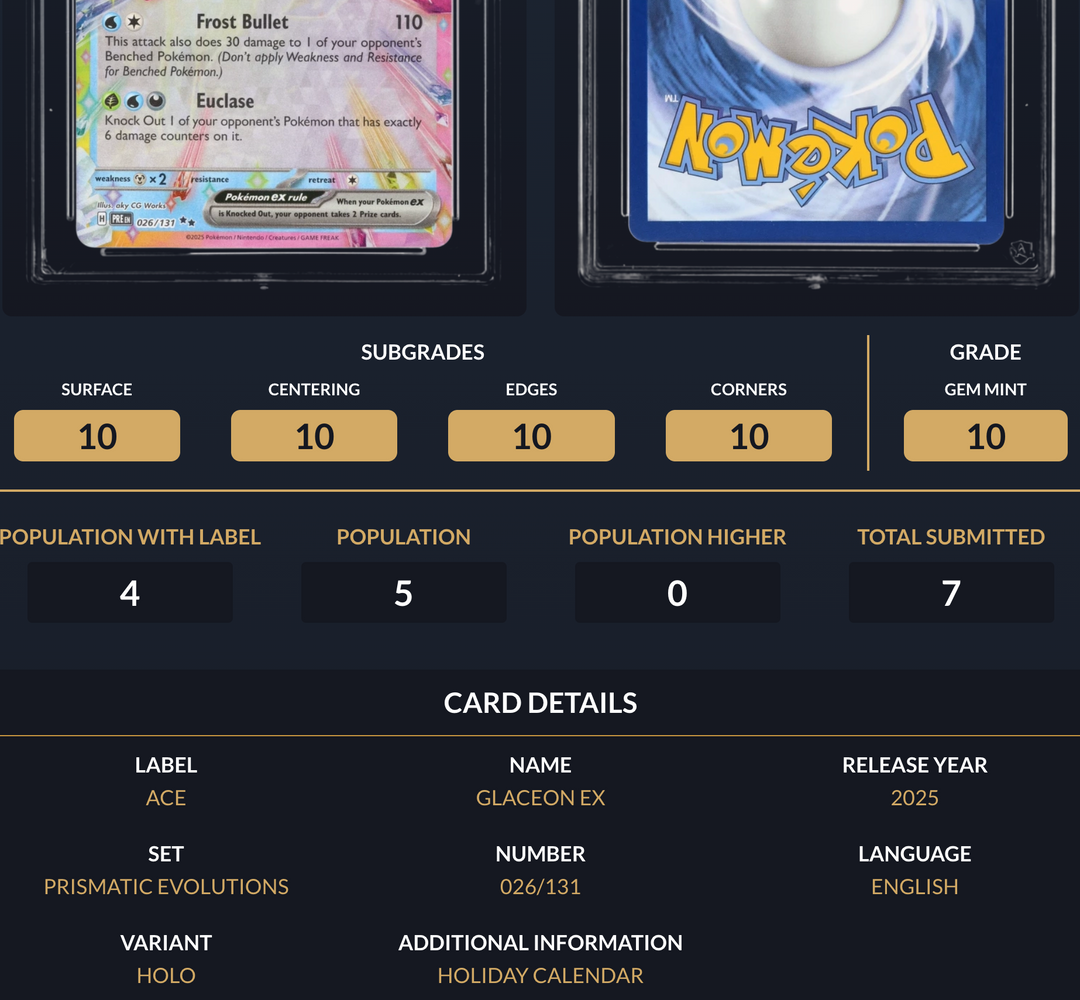 Pokemon Graded Card - Glaceon ex 026/131 - Holiday Calander 25 - Ace Gem Mint 10 (495877)