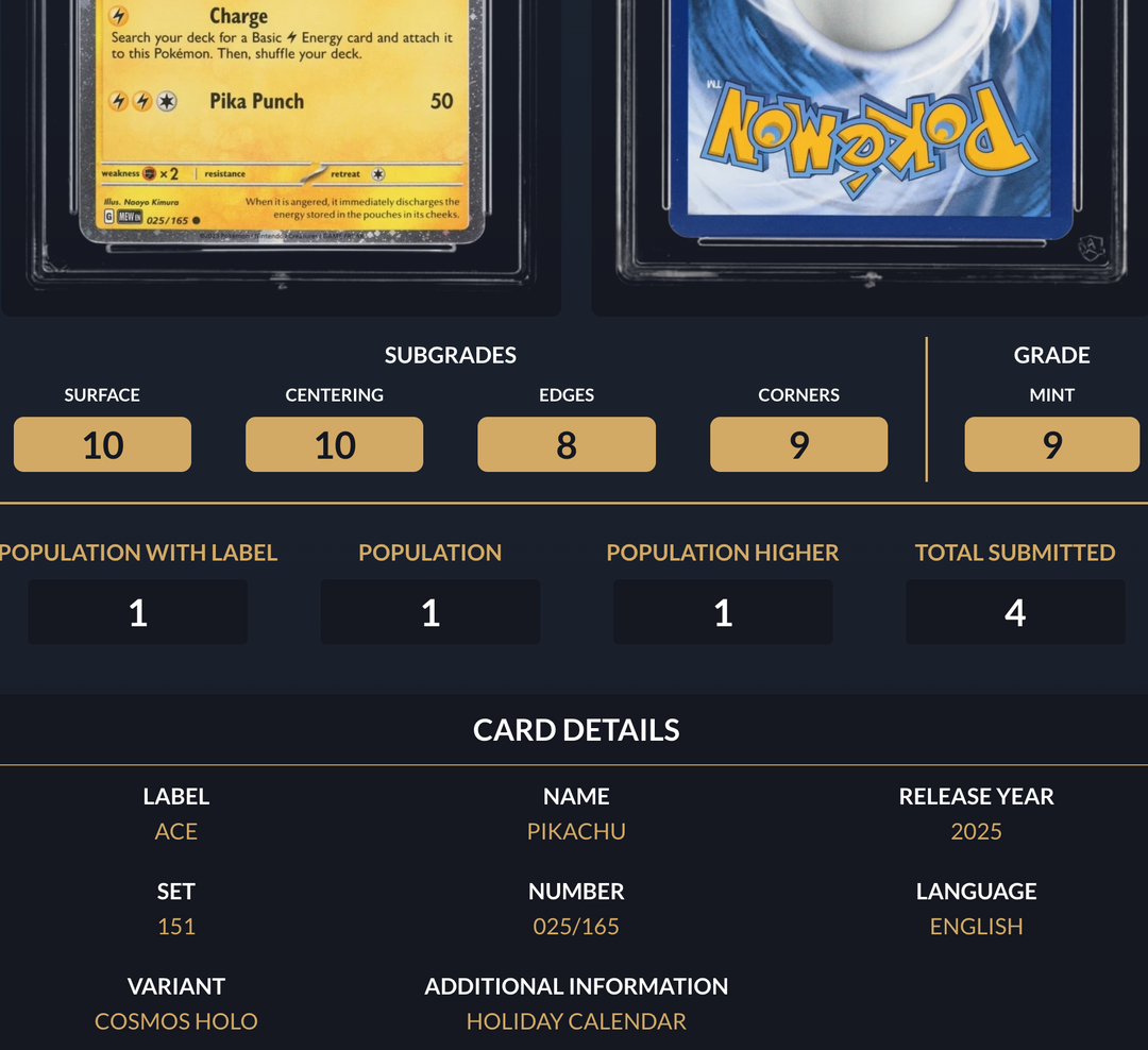 Pokemon Graded Card - Pikachu 025/165 - Holiday Calander 25 - Ace Mint 9 (495880)