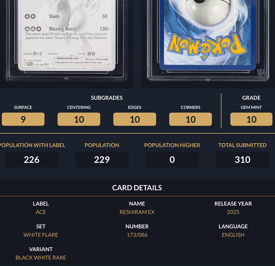 Pokemon Graded Card - Reshiram ex 173/086 - Ace Gem Mint 10 (494609)