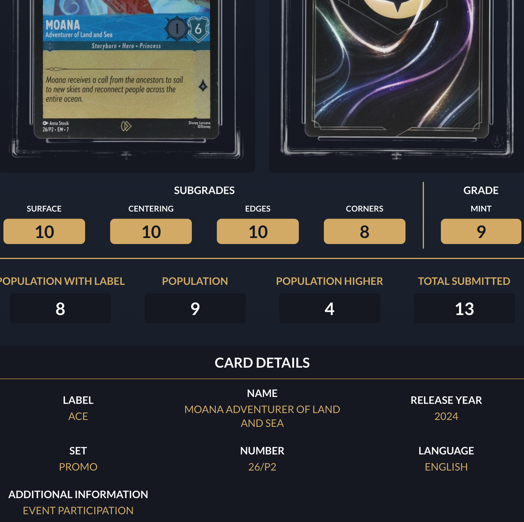Lorcana Graded Card - Moana Event Promo 26/P2 - Ace Mint 9 (422828) stylecreep.com Lorcana Graded Card - Moana Event Promo 26/P2 - Ace Mint 9 (422828) stylecreep.com