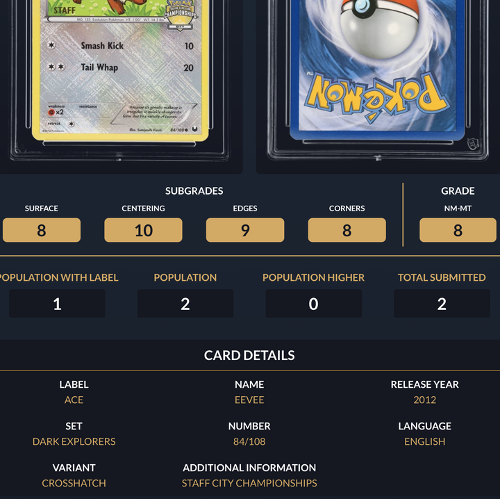 Pokemon Graded Card - Eevee Crosshatch 84 STAFF City Championships - Ace NM-MT 8 (420250)